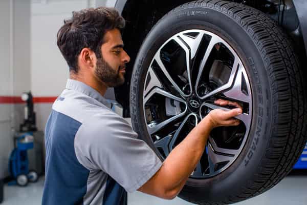 Hyundai service technician installing a tire onto a Hyundai car