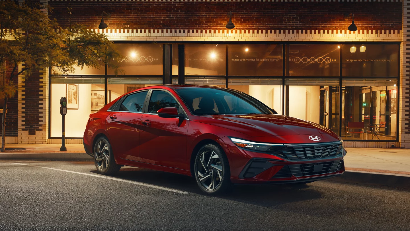 2025 Hyundai Elantra parked outside a building at night