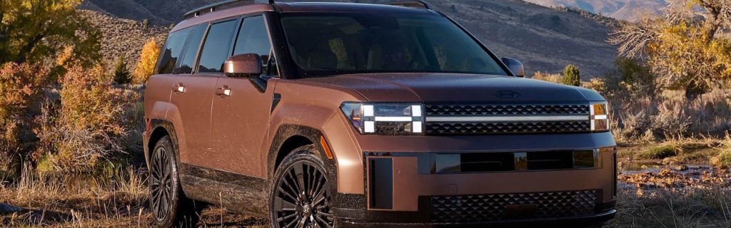 Brown Hyundai Santa Fe SUV parked in an outdoor landscape showcasing its rugged exterior design and styling.