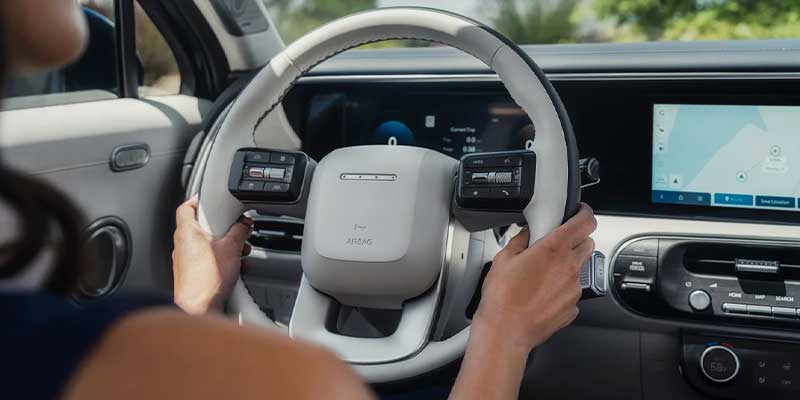 Hyundai Palisade interior with steering wheel, digital display, and driver controls.