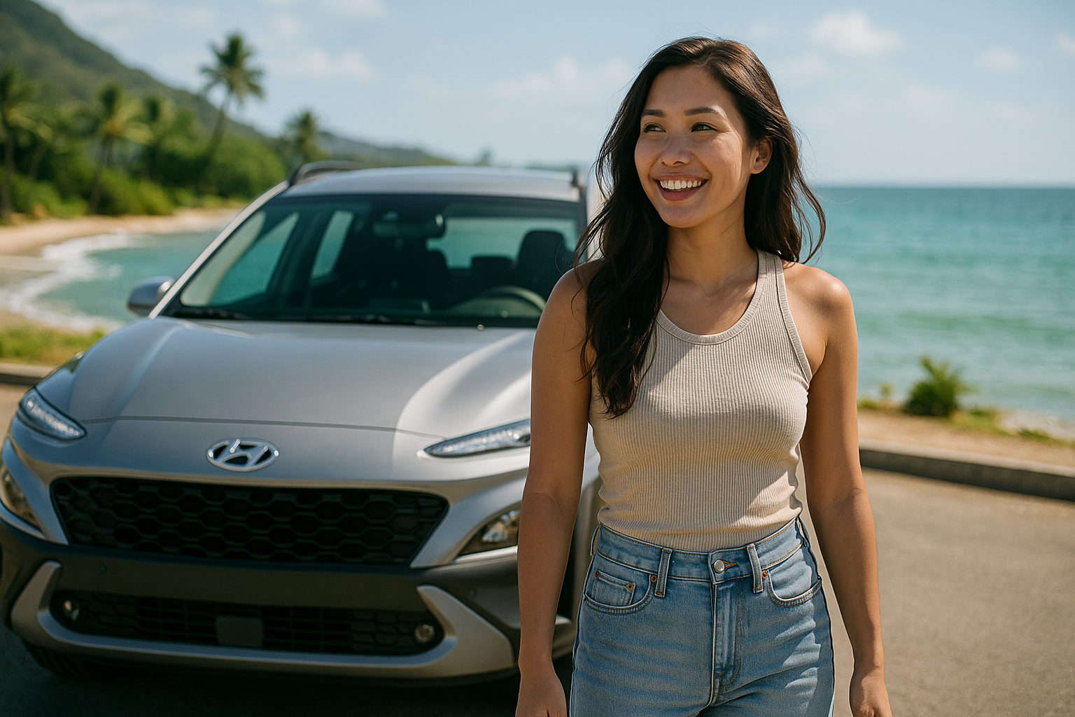 Smiling young Asian woman standing in front of a silver Hyundai Kona SUV by the ocean, with palm trees and green hills in the background.
