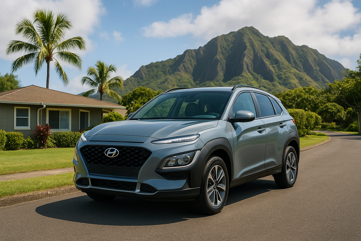Blue-gray Hyundai SUV parked on a residential street in Hawaii, with palm trees, a green house, and lush mountains in the background.