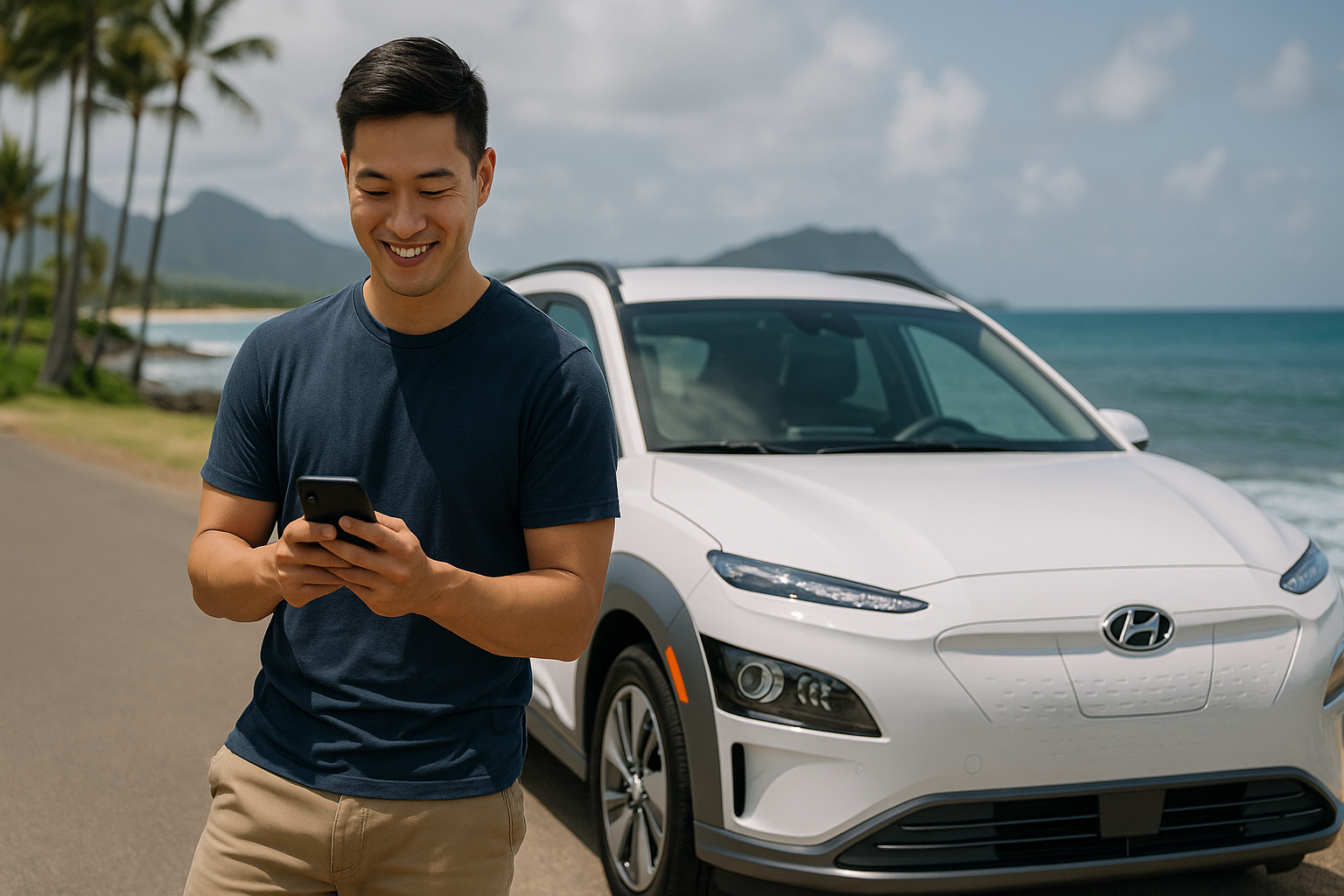 Man with smartphone next to white Hyundai Kona Electric by the coast