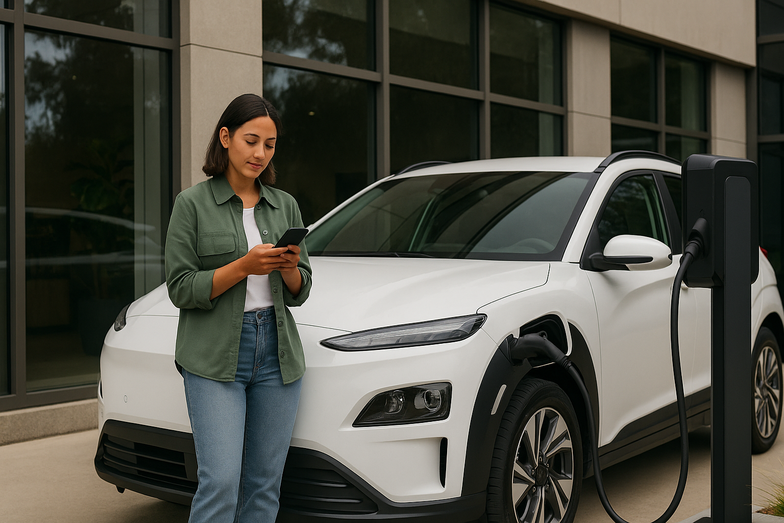 Woman using smartphone next to white electric SUV at charging station.