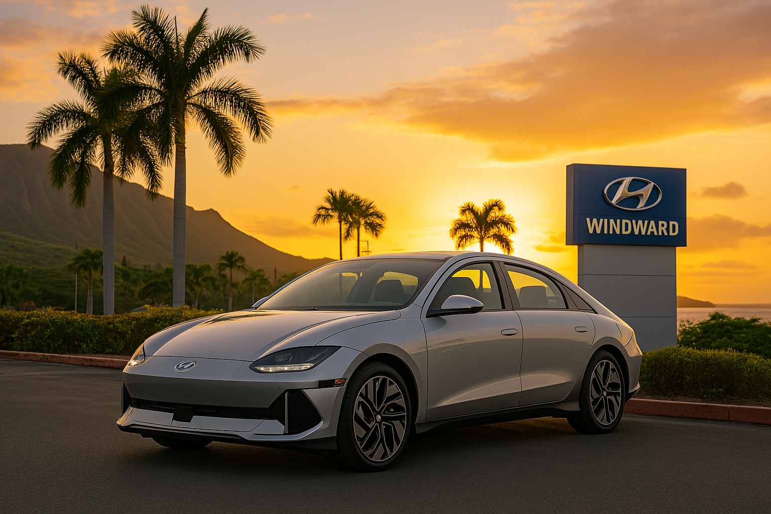 2025 Hyundai IONIQ 6 at Windward Hyundai Kaneohe HI during sunset.